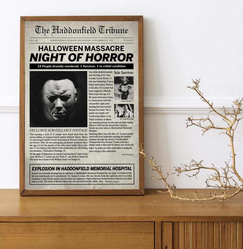 Haddonfield Tribune Poster, Halloween Massacre, Michael Myers Happy
