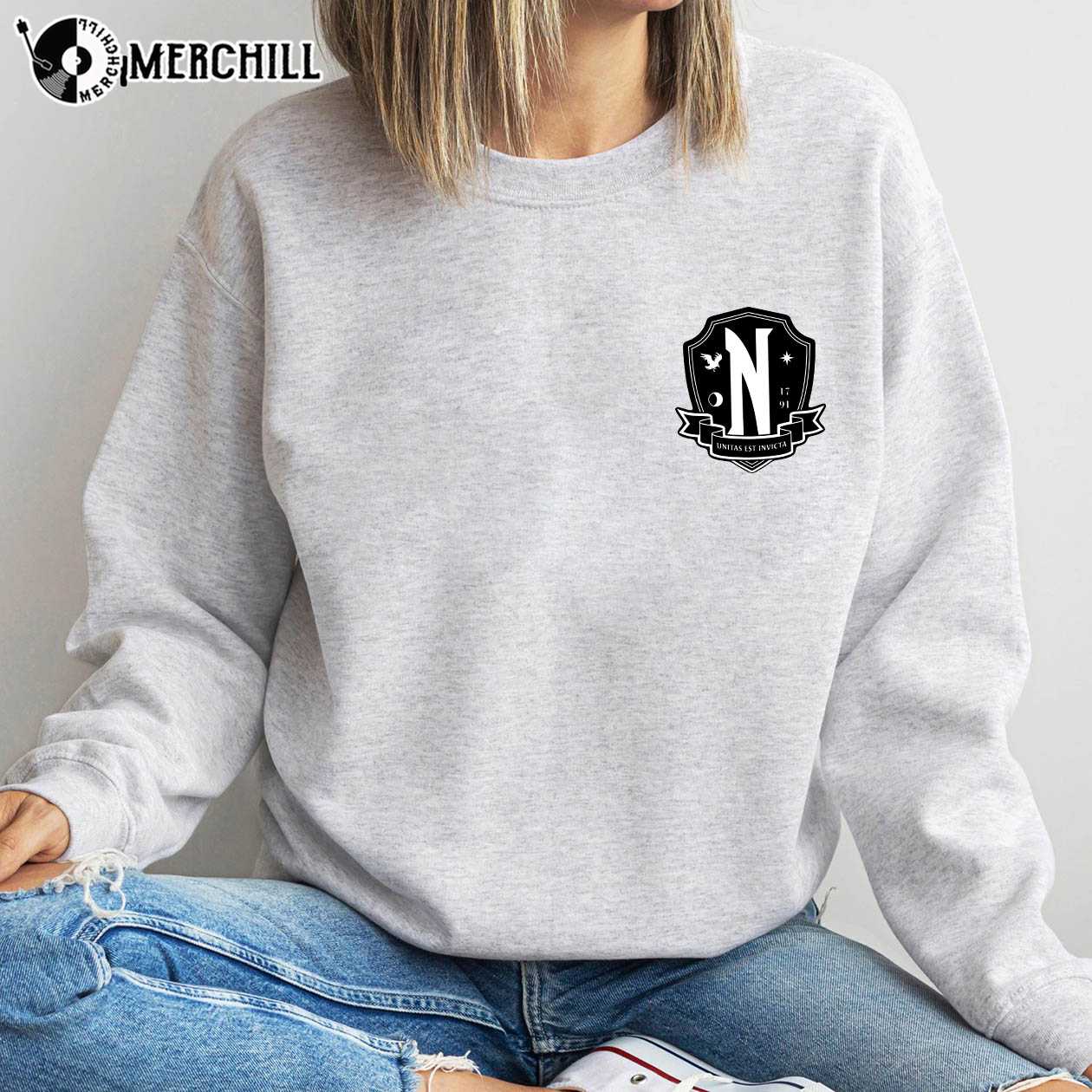 Black White Nevermore Academy Logo Wednesday Sweatshirt Addams Family Gift  - Happy Place for Music Lovers