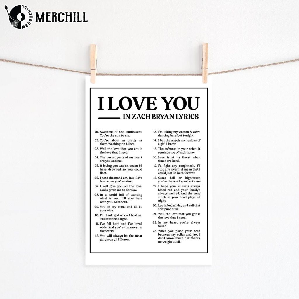 I Love You in Zach Bryan's Lyrics Poster American Heartbreak Album