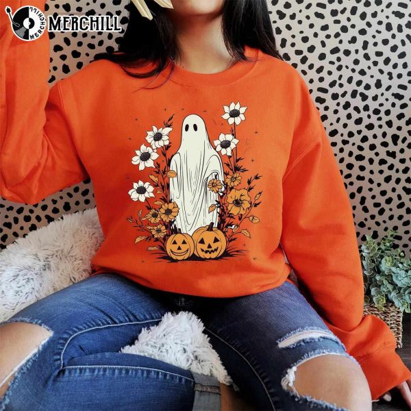 Boho Ghost and Fall Flowers Ladies Halloween Sweatshirt