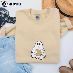 Iced Coffee Halloween Ghost Sweatshirt Embroidered Fall Shirt