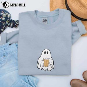 Iced Coffee Halloween Ghost Sweatshirt Embroidered Fall Shirt 3