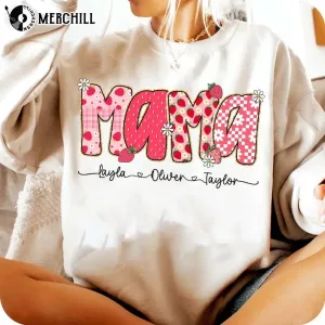 Cute Strawberry Floral Mama with Kids Names Shirt Custom Gifts for Mom 2
