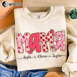 Cute Strawberry Floral Mama with Kids Names Shirt Custom Gifts for Mom