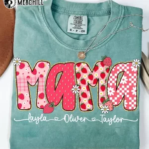 Cute Strawberry Floral Mama with Kids Names Shirt Custom Gifts for Mom 4